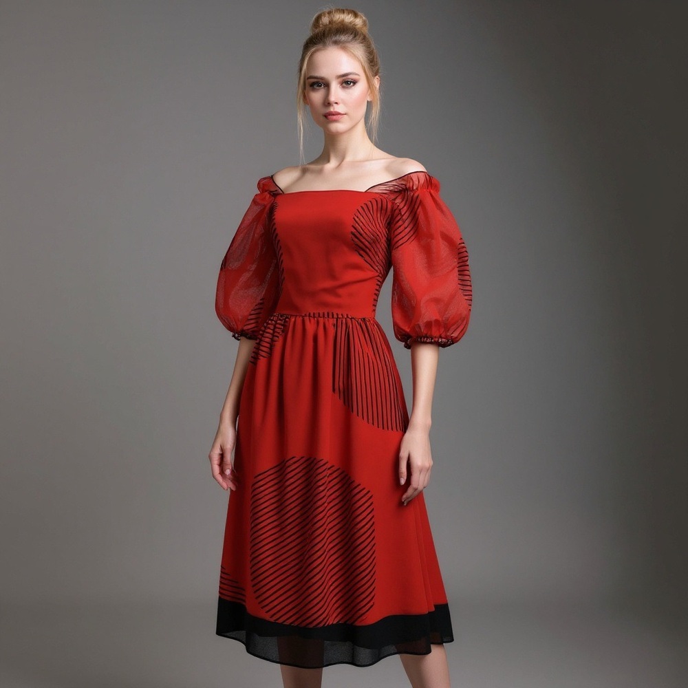 Vintage 1980s Cinnamon Red Op Art Puff Sleeve Off Shoulder Midi Dress M - Picture 8 of 8